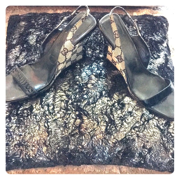 Gucci Shoes - Gucci sling back wedge heels black patent Gucci Shoes - Gucci sling back wedge heels black patent